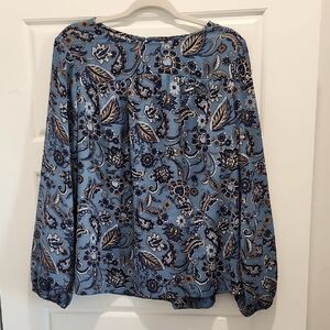 J JILL Wearever Women's Paisley Long Sleeve Blue Blouse L